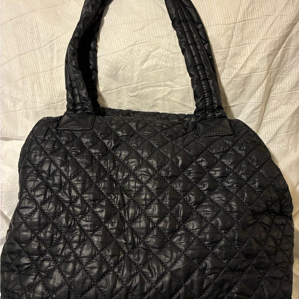 MZ Wallace Quilted Tote in Black with Tan Accent